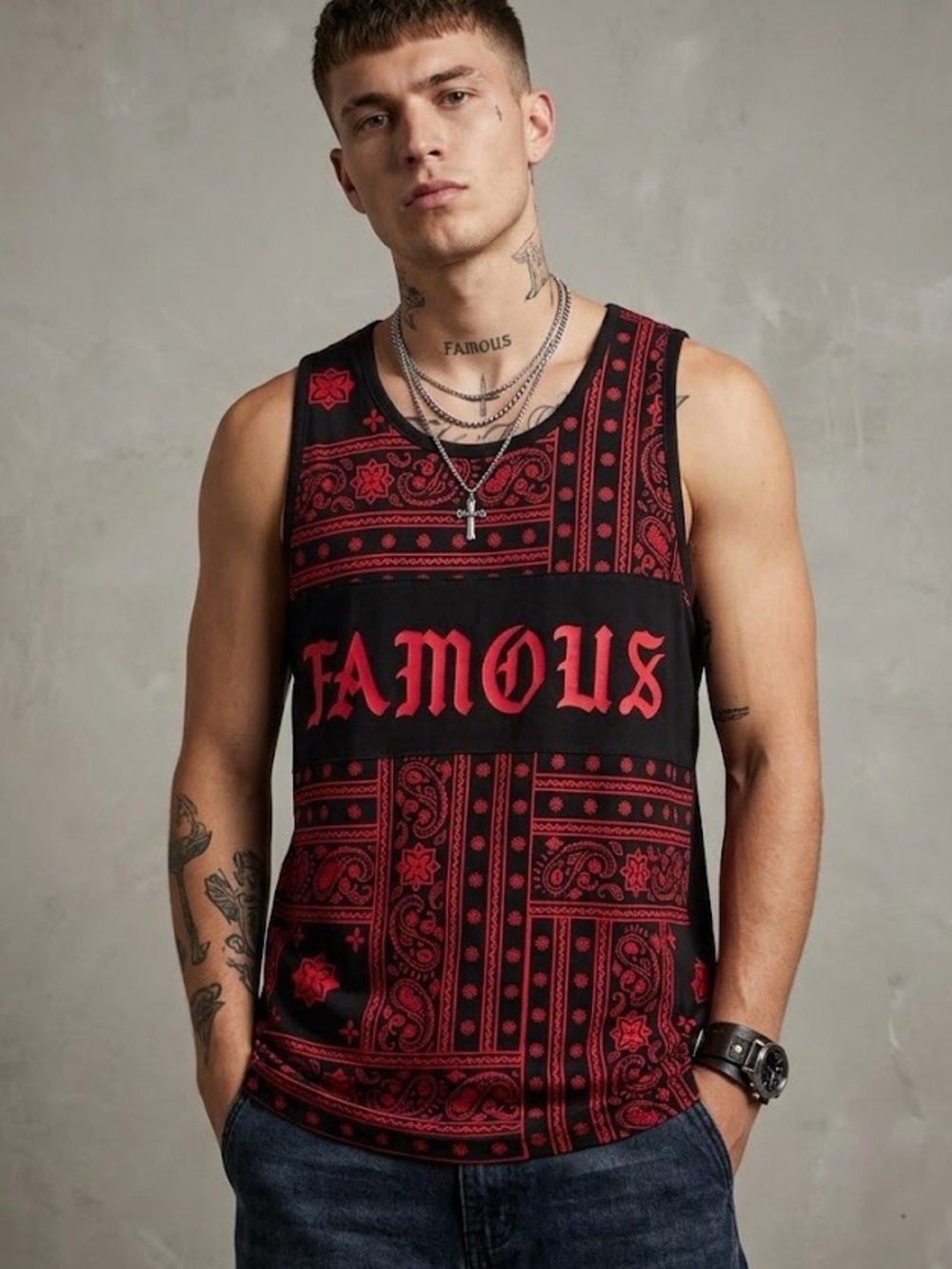 Y2K Famous Stars and Straps Men's Red Paisley Graphic Streetwear Tank L